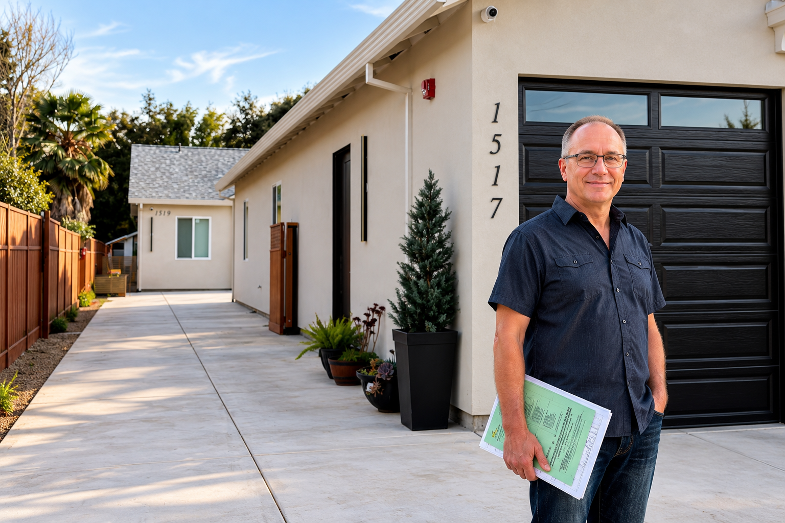 Gennadiy with building plans at a completed Sacramento-area residential project